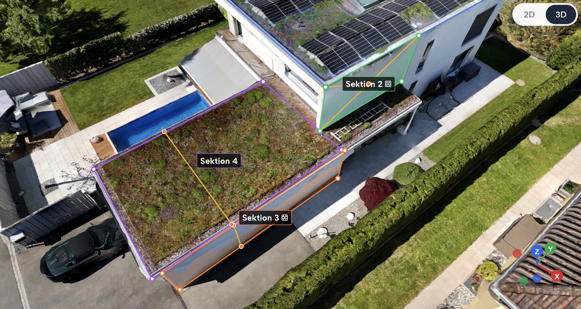 Roofy 3D-Modell eines Dachs mit eingeblendeter 3D-Vermessung