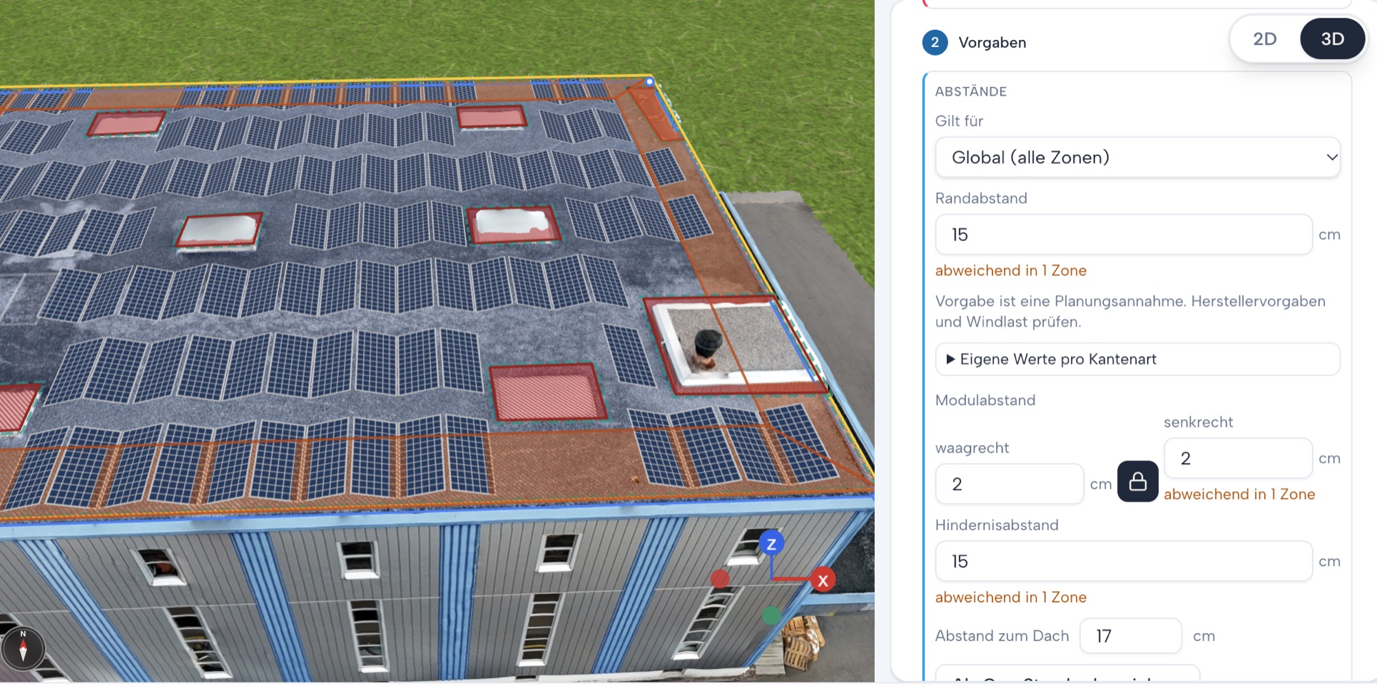 Roofy 3D-Modell eines Flachdachs mit geplanter PV-Modulbelegung und dem Solar-Panel im Browser